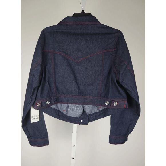 Unique Vintage Dark Denim rhinestone Western Boxy Crop Jacket S - Picture 7 of 9